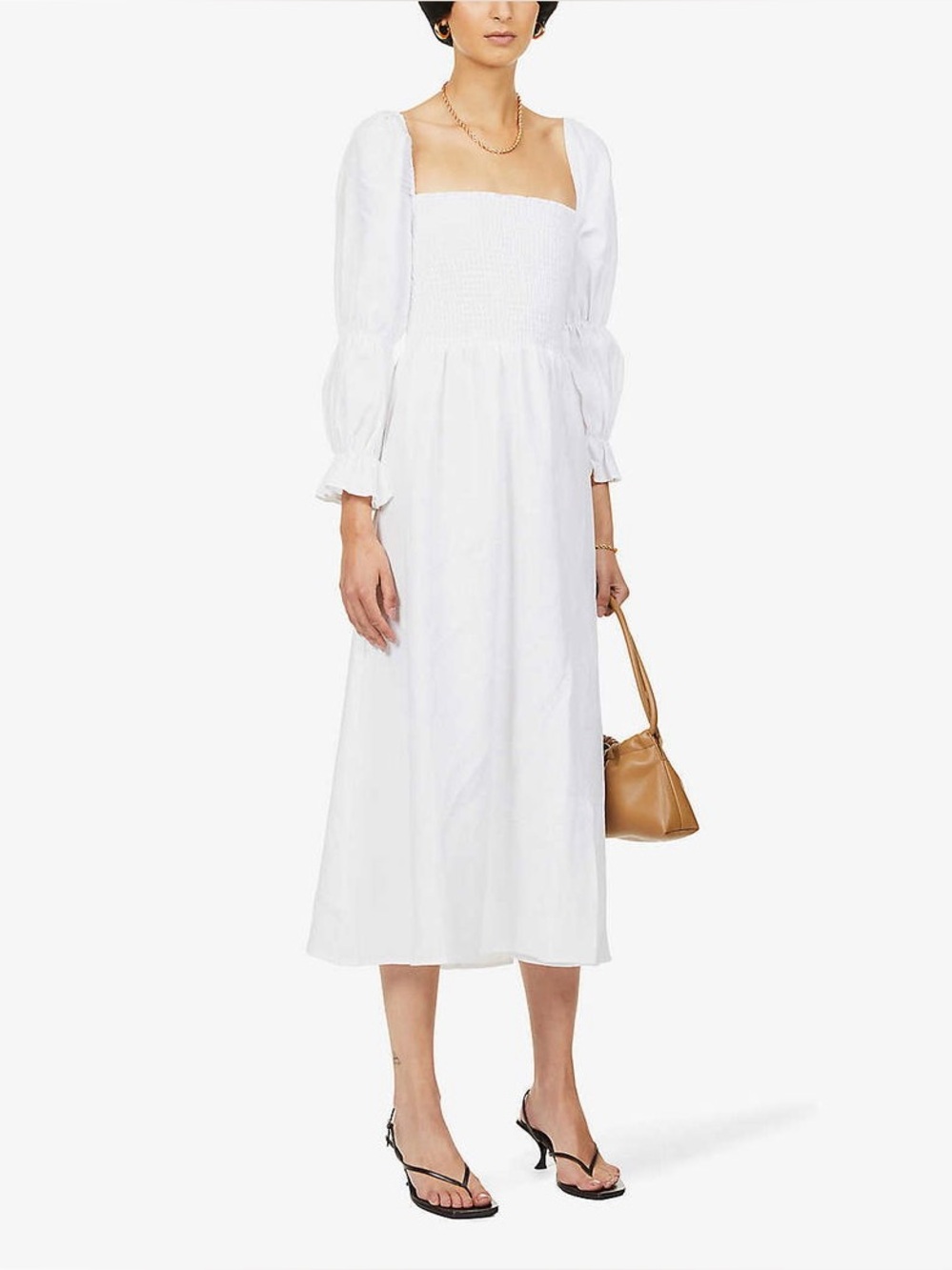REFORMATION Hyland Puffed-Sleeve Linen Midi Dress size small